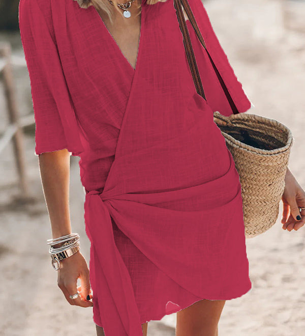Masha - Easy Breezy Cotton Linen Blend Knotted Wrap Mini Dress