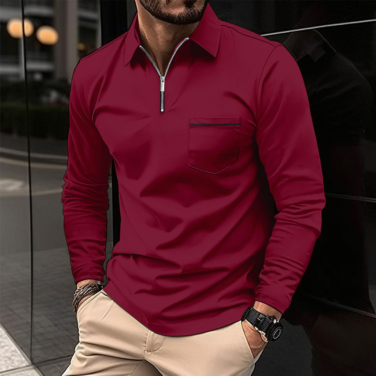 Classic Men's Long-Sleeved Polo Shirt | Chest Pocket with Zip | 1 + 1 Gratis