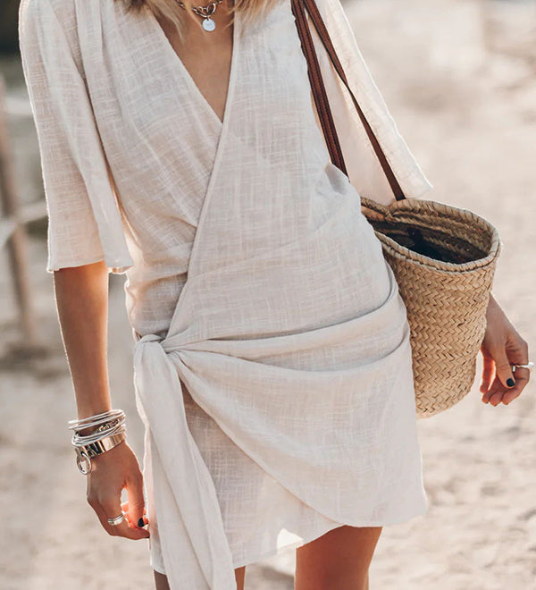 Masha - Easy Breezy Cotton Linen Blend Knotted Wrap Mini Dress